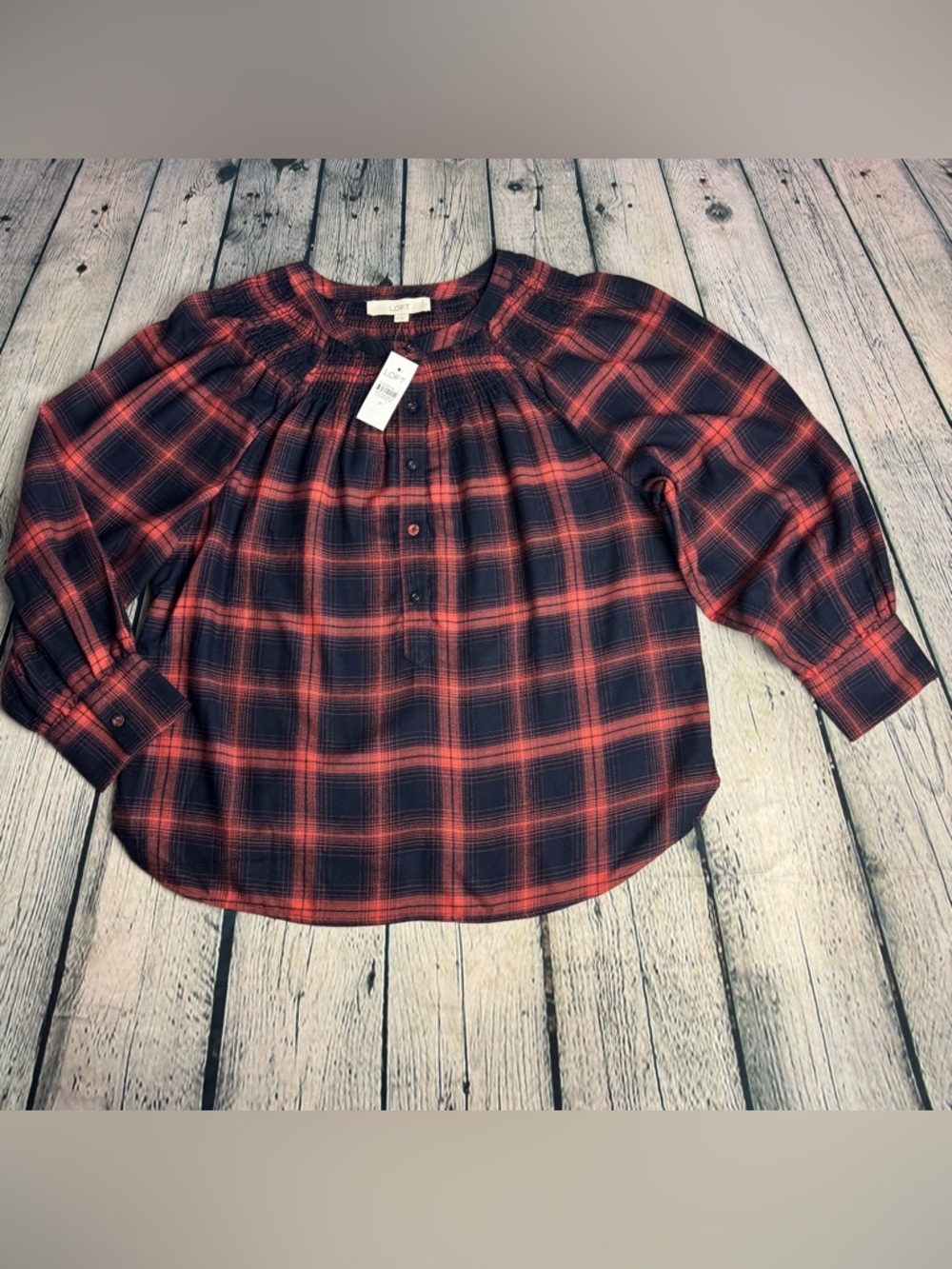 LOFT NWT Navy and Peachy Pink Plaid Flannel Button-Front Shirt Puff Sleeves Sz M
